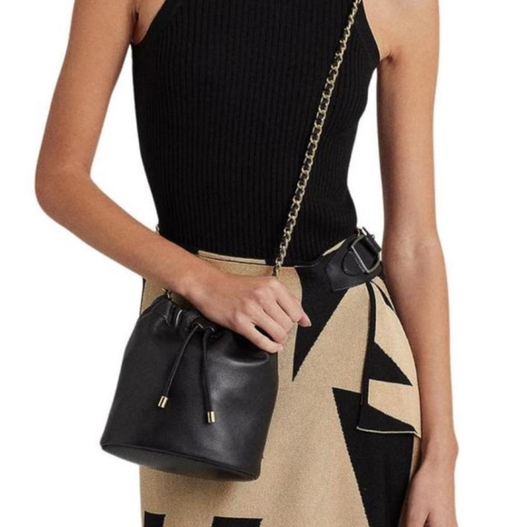 Lauren Ralph Lauren Black Leather Bucket Bag with Silver Hardware | New with Tag - Picture 3 of 12